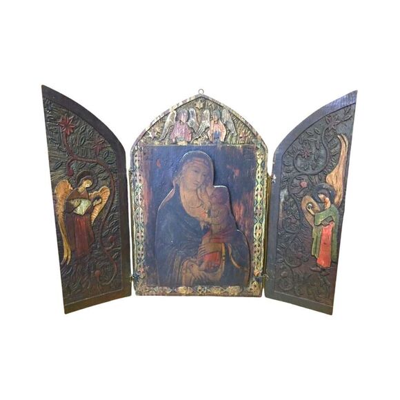 Antique Russian Christian Orthodox Triptych Icon Mother Virgin Madonna Jesus - Picture 2 of 13